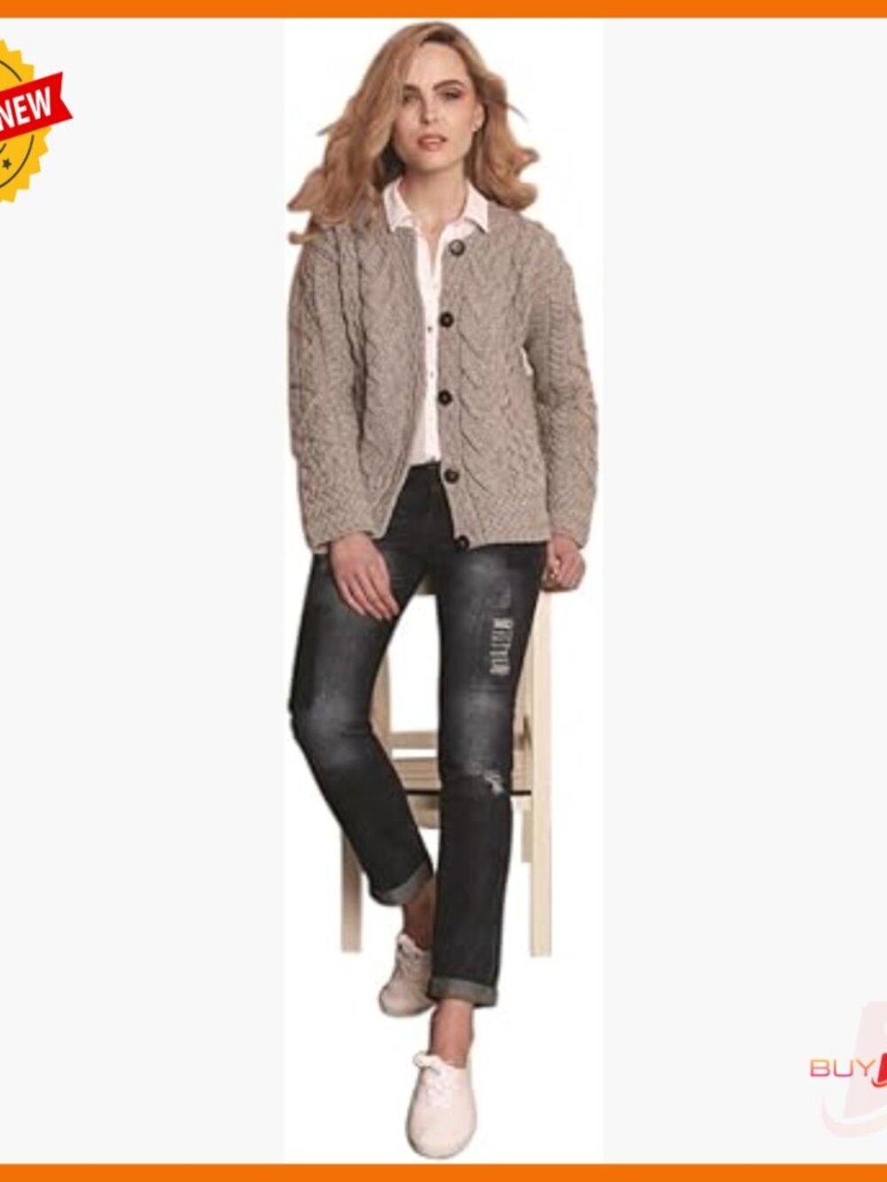 Merino Wool Cable Knit Cardigan, Irish Aran Stitching, Button Front